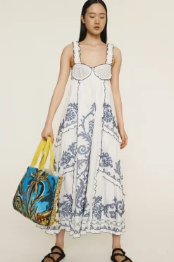 ALÉMAIS HAZEL SMOCKED EMBROIDERED MIDI DRESS (WHITE)