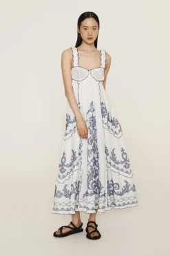 ALÉMAIS HAZEL SMOCKED EMBROIDERED MIDI DRESS (WHITE)