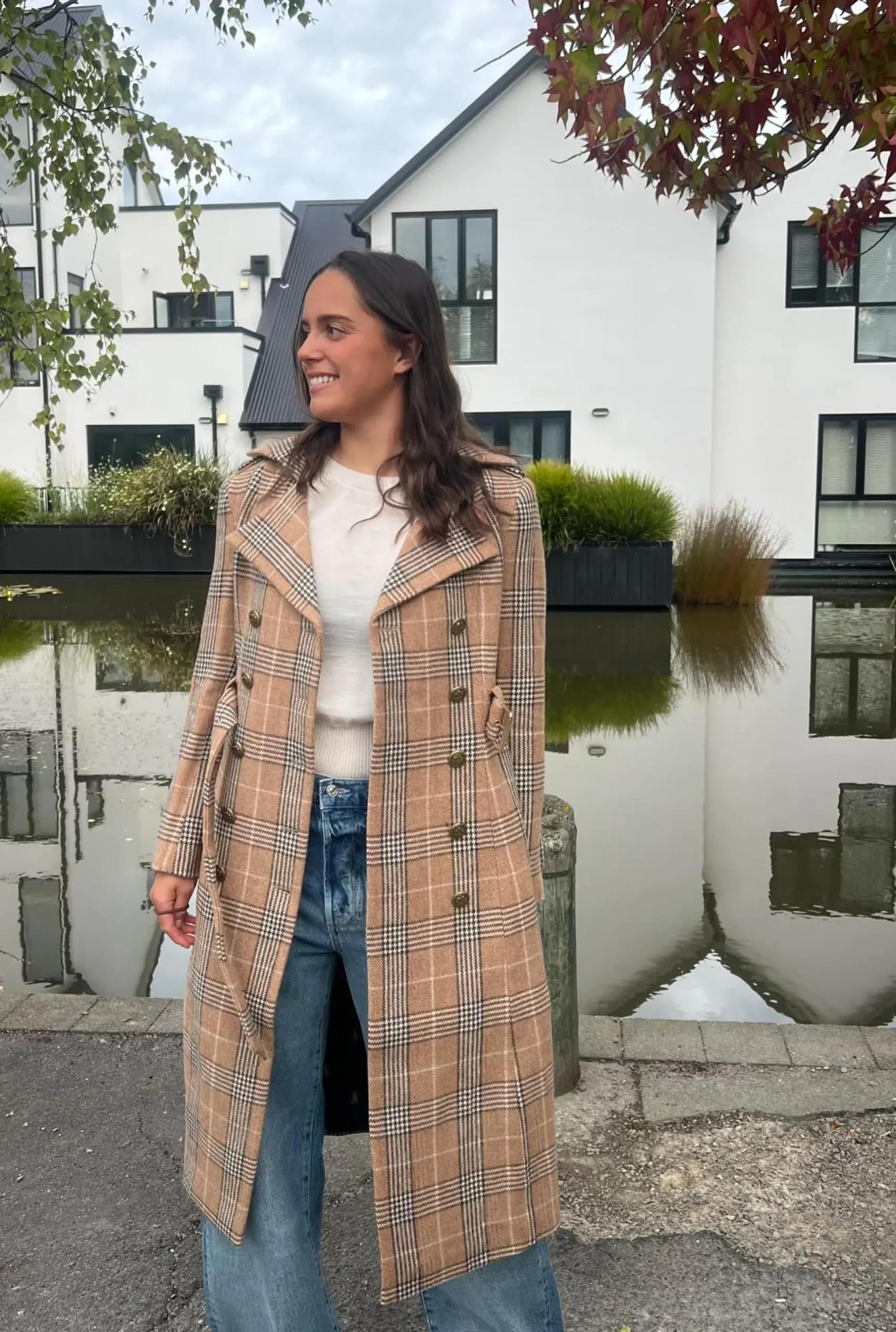 Jordan Elli Brentwood Trench Coat - Camel Check 100% Wool