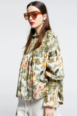 Karen Walker Gaia Long Sleeve Smocked Blouse - Macadamia/Green