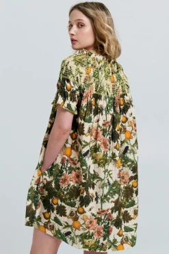 Karen Walker Gaia Smocked Mini Dress - Macadamia/Green
