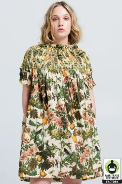 Karen Walker Gaia Smocked Mini Dress - Macadamia/Green