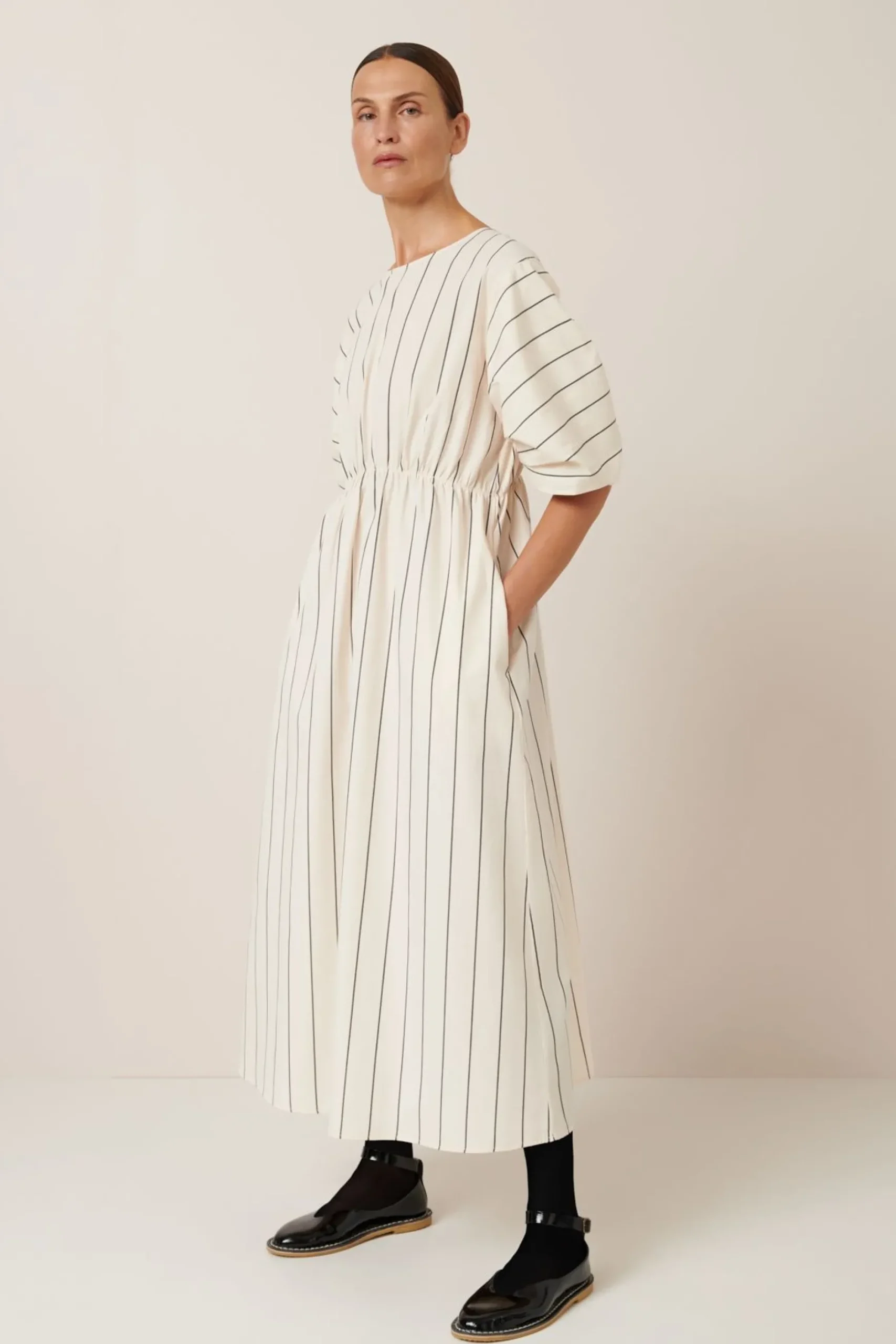 Kowtow Ellora Dress - Greige Pinstripe