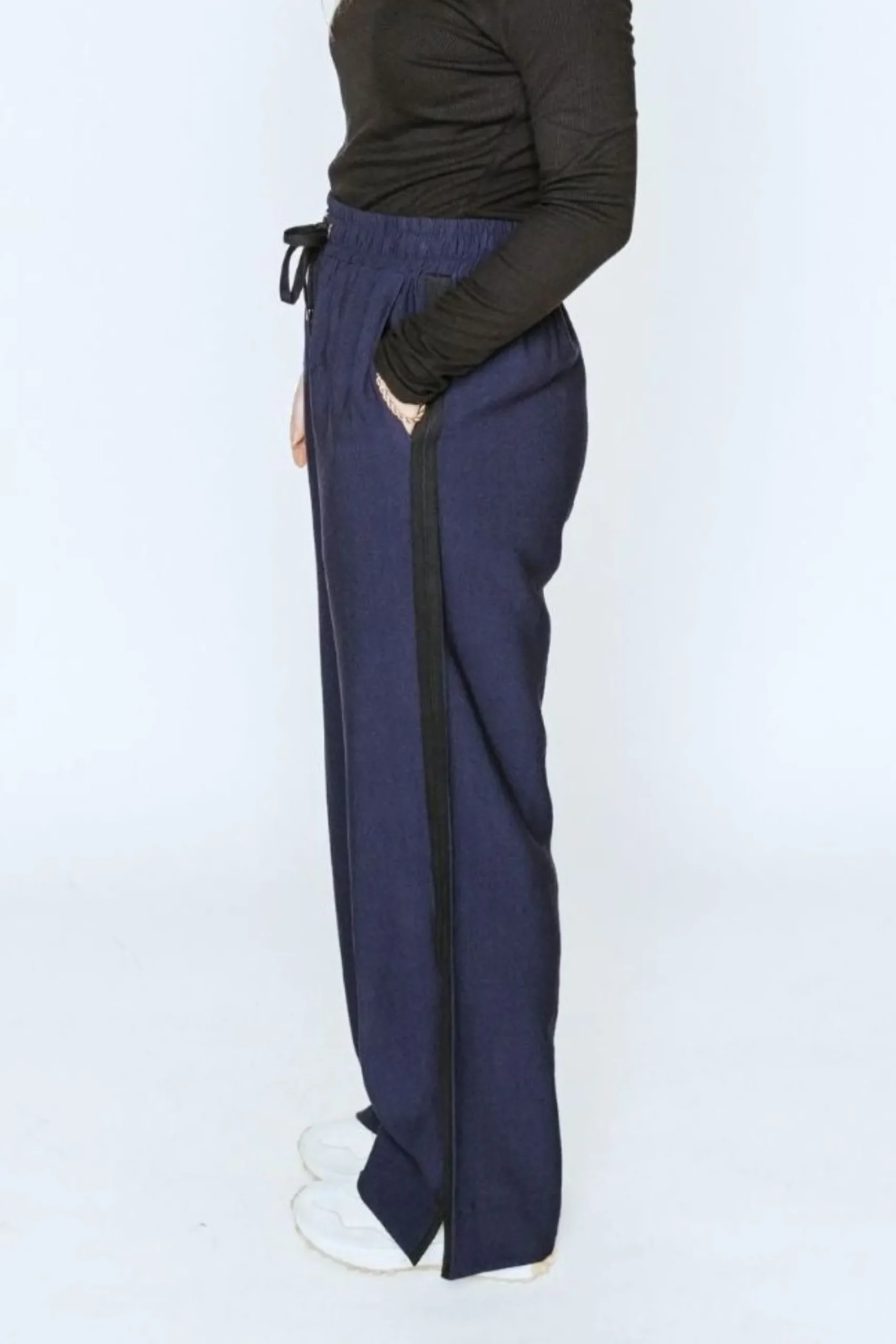 Moke Indiana Women's Wide Leg Pant - Navy w Black Stripe