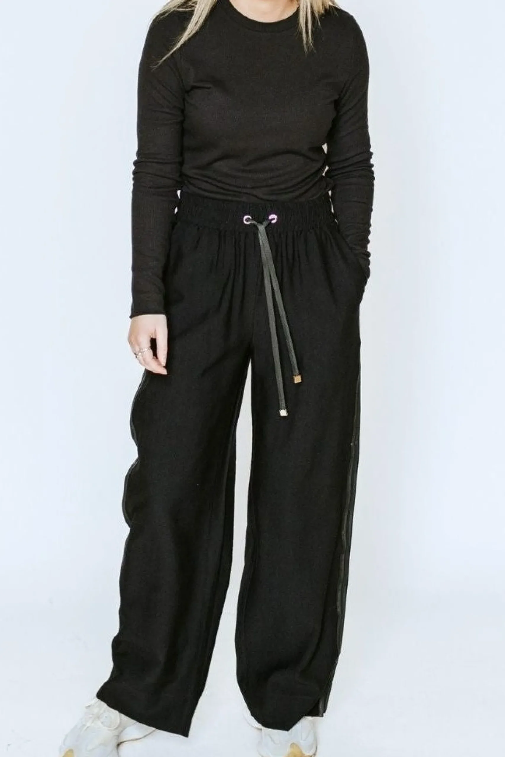 Moke Indiana Women's Wide Leg Pant - Black With Satin