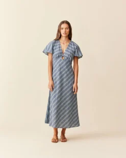 Ruby Clover Midi Dress - Navy Yellow Tartan
