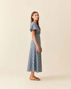 Ruby Clover Midi Dress - Navy Yellow Tartan