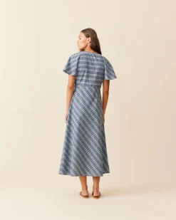 Ruby Clover Midi Dress - Navy Yellow Tartan