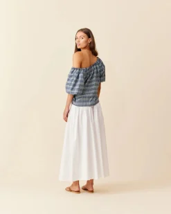 Ruby Hydra Off Shoulder Blouse - Navy Yellow Tartan