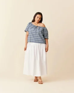 Ruby Hydra Off Shoulder Blouse - Navy Yellow Tartan