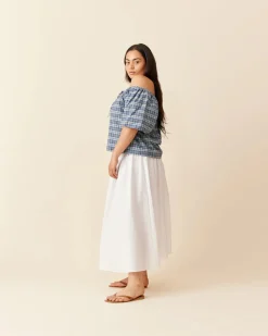 Ruby Hydra Off Shoulder Blouse - Navy Yellow Tartan