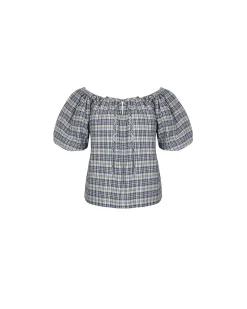 Ruby Hydra Off Shoulder Blouse - Navy Yellow Tartan