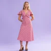 Ruby Petal Ruffle Midi Dress - Red Lilac Tartan