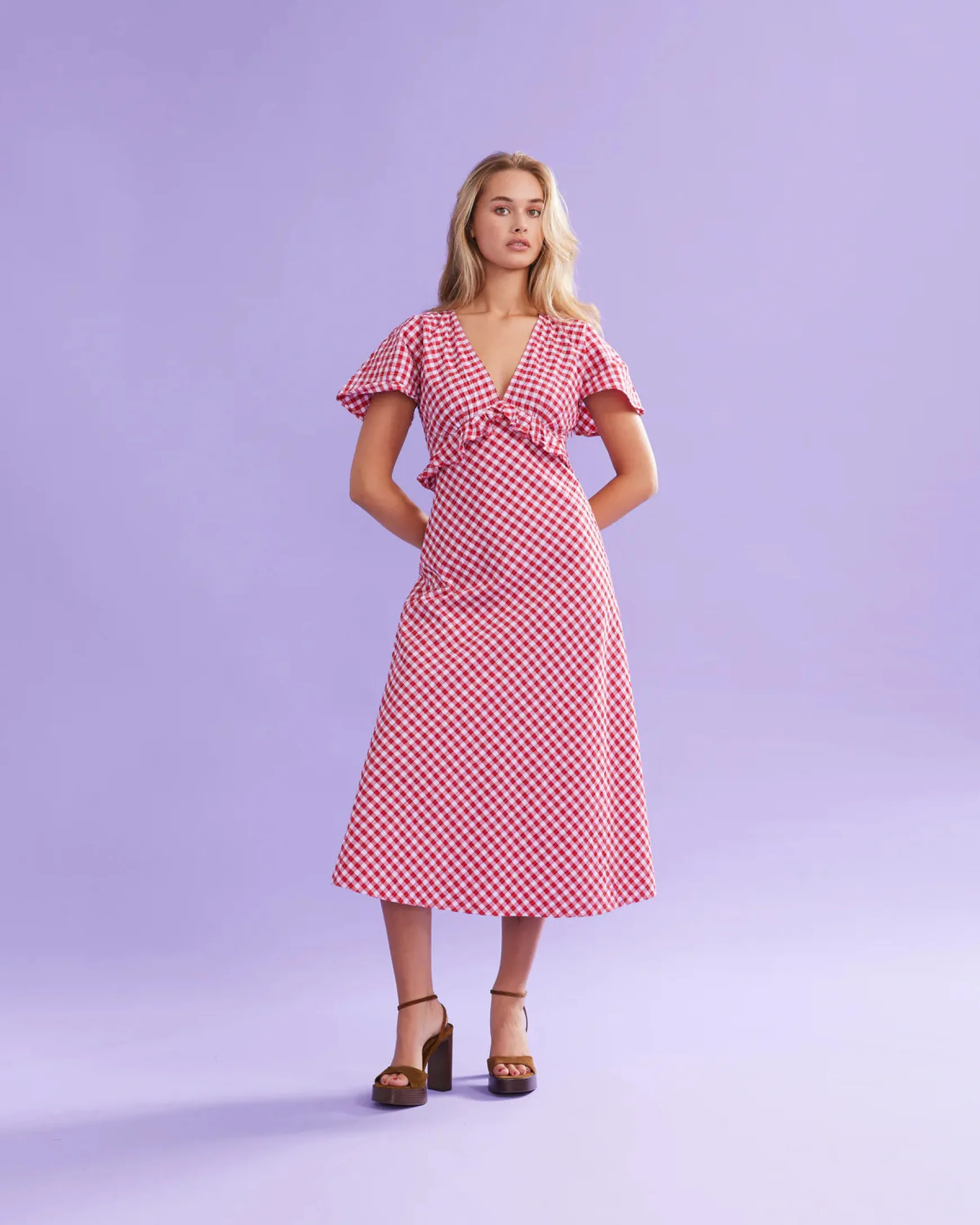 Ruby Petal Ruffle Midi Dress - Red Lilac Tartan