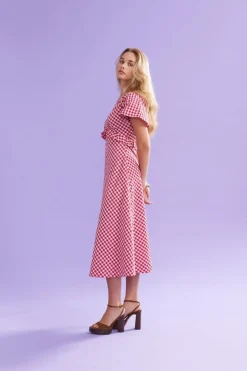 Ruby Petal Ruffle Midi Dress - Red Lilac Tartan