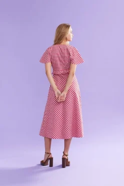 Ruby Petal Ruffle Midi Dress - Red Lilac Tartan