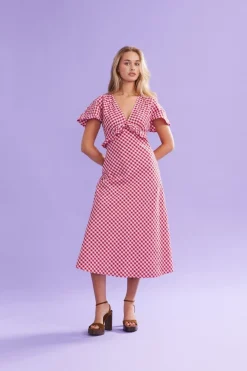 Ruby Petal Ruffle Midi Dress - Red Lilac Tartan
