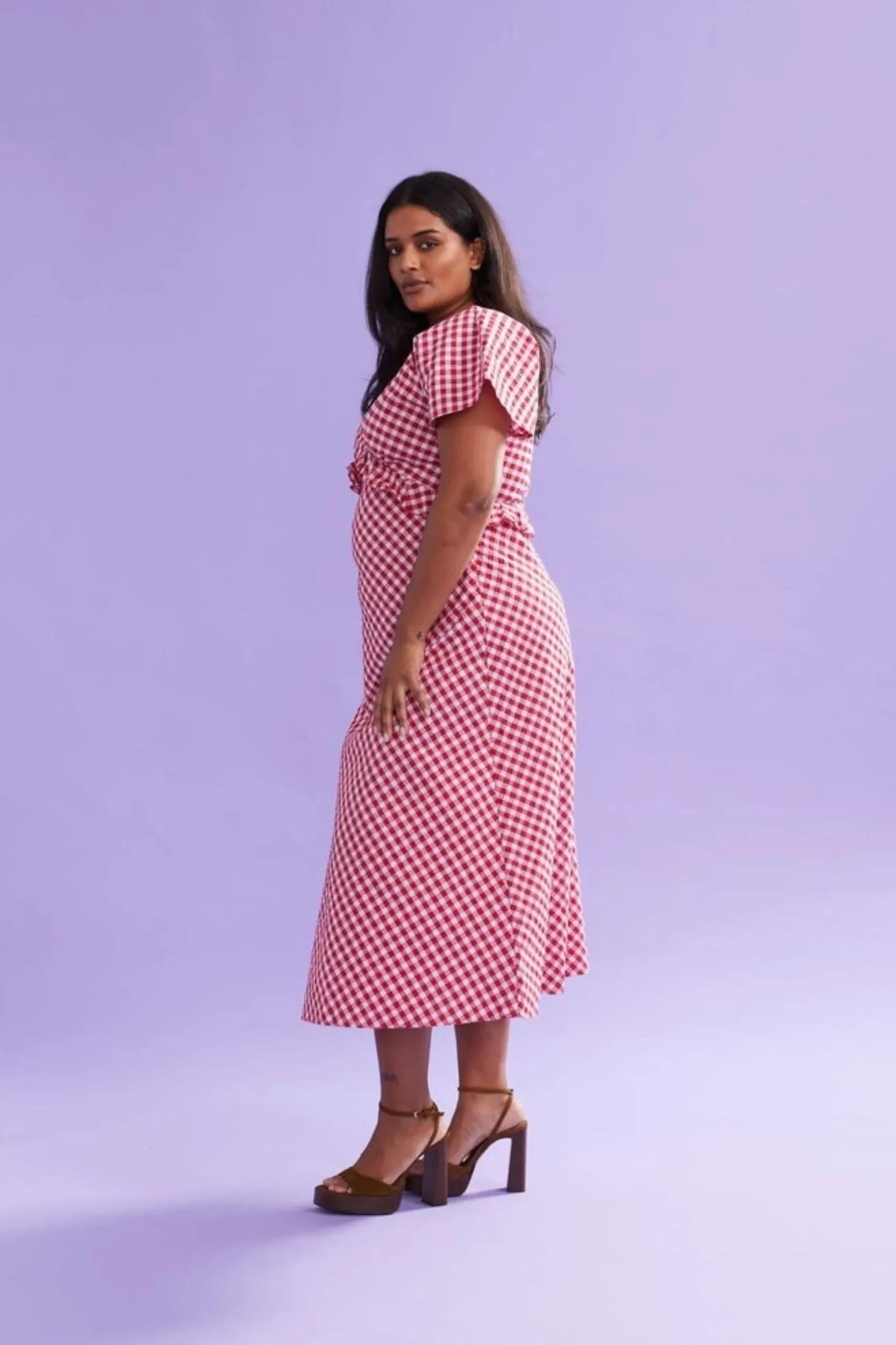 Ruby Petal Ruffle Midi Dress - Red Lilac Tartan