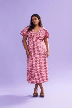 Ruby Petal Ruffle Midi Dress - Red Lilac Tartan