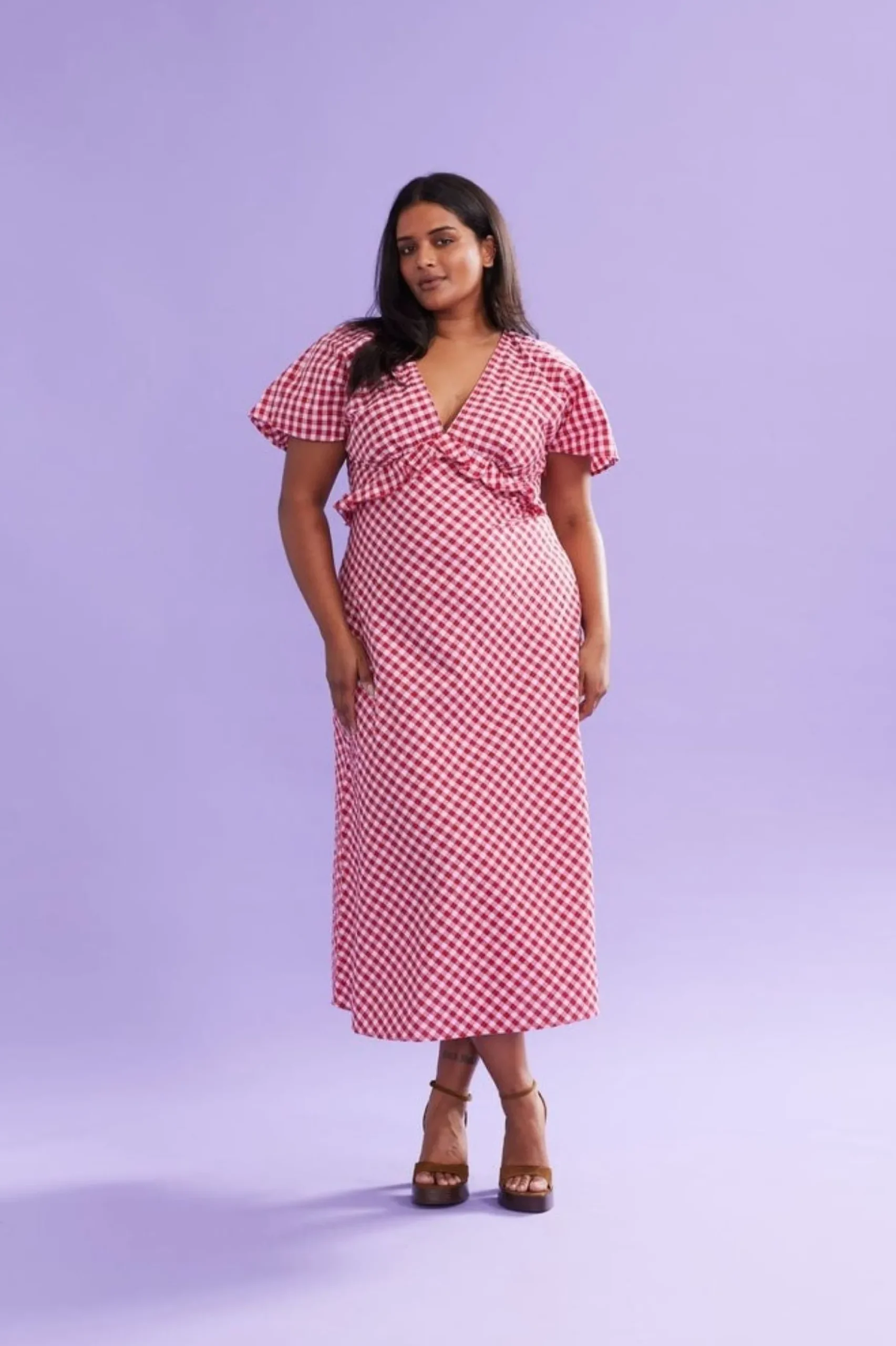 Ruby Petal Ruffle Midi Dress - Red Lilac Tartan