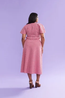 Ruby Petal Ruffle Midi Dress - Red Lilac Tartan