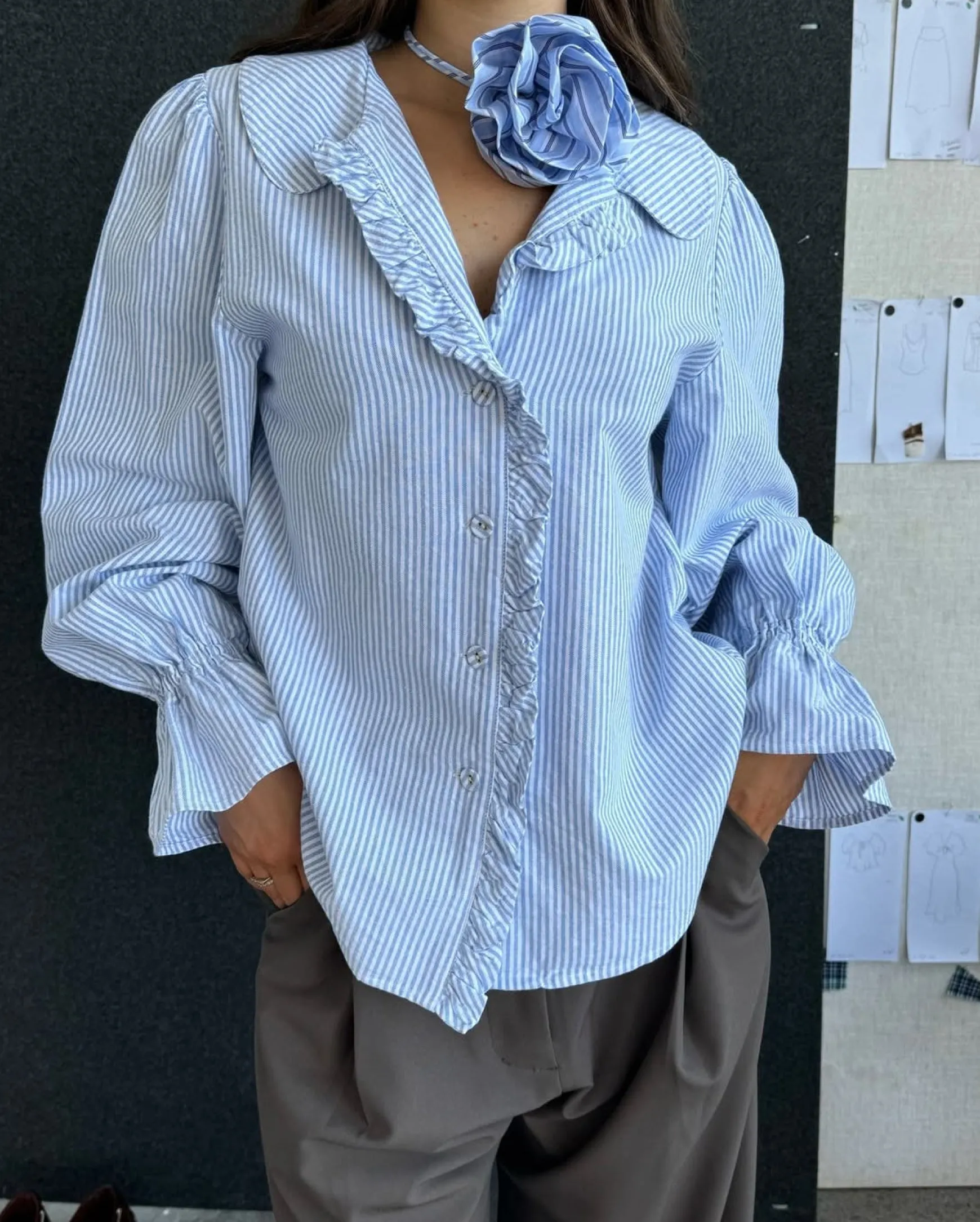 Ruby Sandler Ruffle Shirt - Navy Stripe