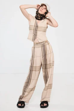 Salasai Country Palazzo Pant - Camel Check Linen